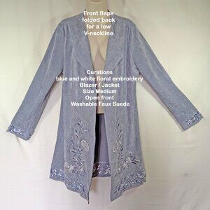 Curations blue & white floral embroidery Blazer/Jacket MED Open front Faux Suede